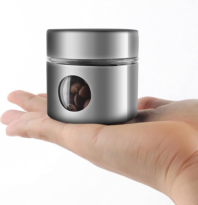 Coffee Canister Travel Jar, Mini Airtight Stainless Steel and Glass Food Storage Container Great for Coffee Bean and Coffee Grounds - Silver, 1.4 OZ