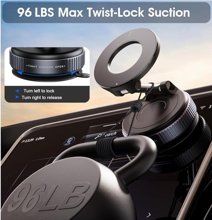 MagSafe Compatible Magnetic Car Phone Mount, Vacuum Suction 108+ lbs Strong Hold, 360° Rotation, Dashboard & Windshield Holder for iPhone 12-16 & Android