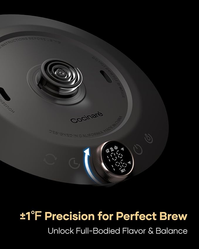 Cocinare Artisan Collection Blossom Gooseneck Electric Kettle, ±1℉ Precise Temperature Control for Pour-Over Coffee & Tea, Quick Heating 1500W, Stainless Steel Interior, 0.9L
