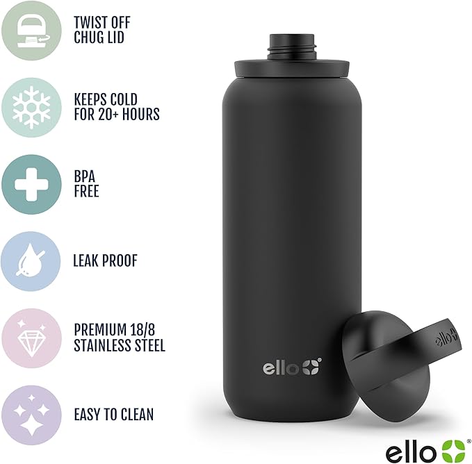 Ello Cooper Twist 22oz Stainless Steel Water Bottle with Chug Lid | Leak Proof Double Walled and Vacuum Insulated | Fits Car Cupholder | Built in Carry Loop | Dishwasher Safe | Sage