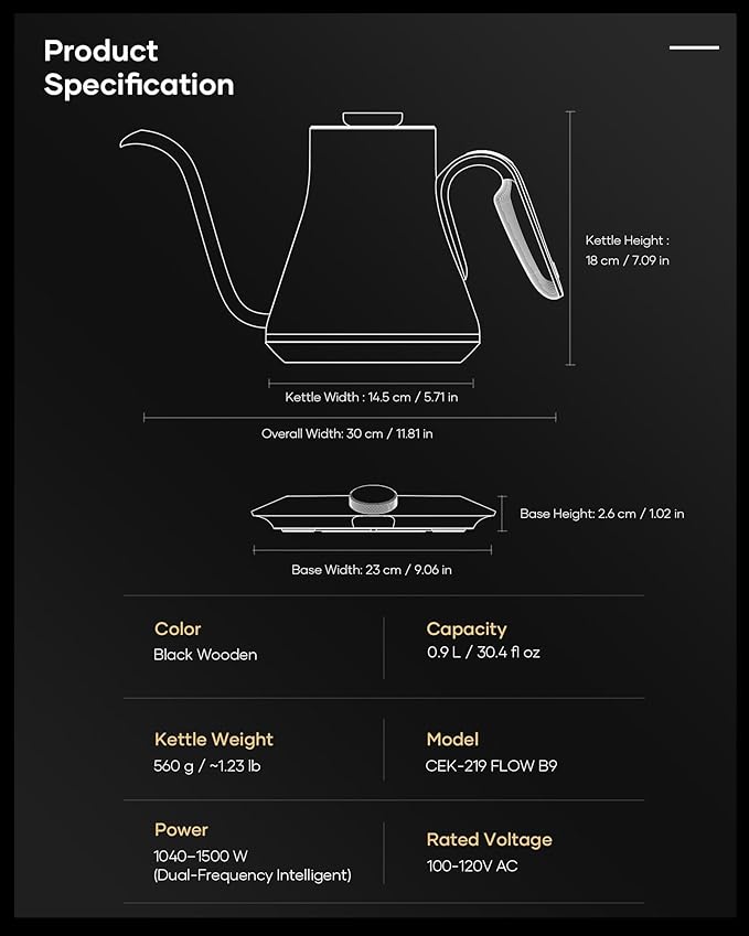 Cocinare Barista Collection Gooseneck Electric Kettle, ±1℉ Precise Temperature Control for Pour-Over Coffee & Tea, Quick Heating 1500W, Stainless Steel Interior, 0.9L (Obsidian Black)