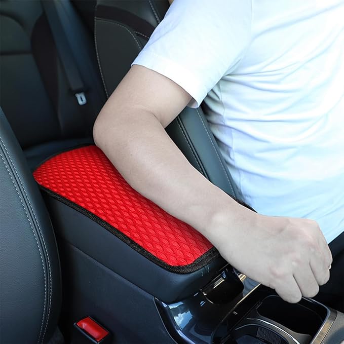 Car Center Console Cover, Anti-Slip Breathable All Seasons Automotive Mesh Armrest Box Pad Cover for Comfortable Support, Vehicle Interior Decor Universal for SUV, Truck, RV（Red）