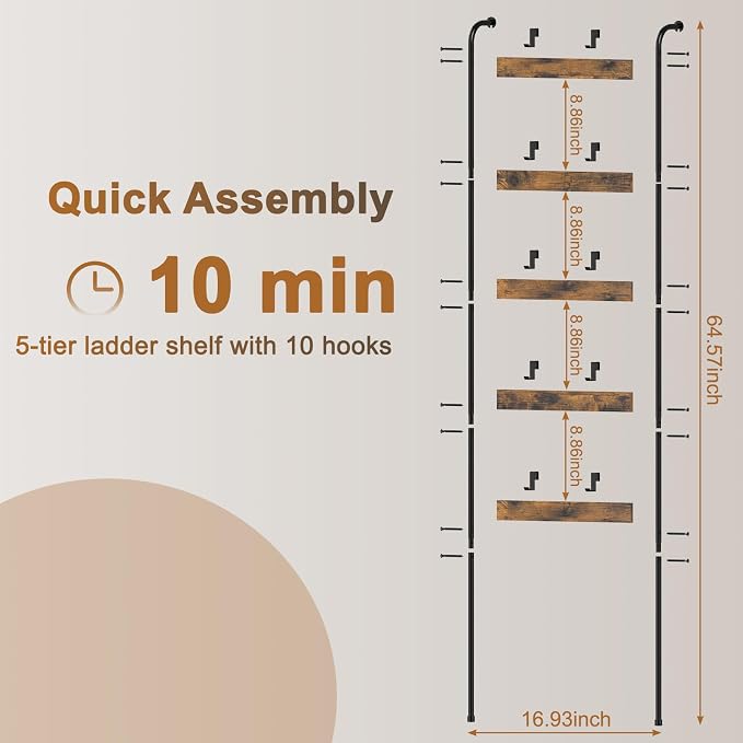 Blanket Ladders for the Living Room 5 Tier Towel Ladder for Bathroom with 10 Removable Hooks Wall Leaning Quilt Rack for Bedroom Display Rustic Farmhouse Home Decor, Rustic Brown