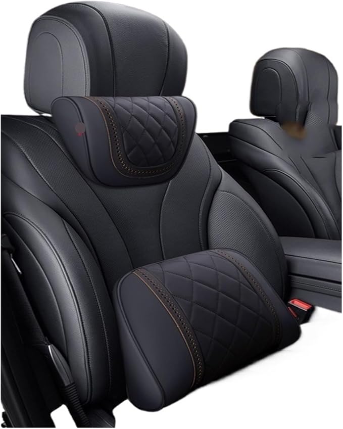 Car Headrest Neck Pillow Soft Leather Fit for Seat Back Support Lumbar Pillow Car Travel Rest Cushion Accessories(Black-1 Set)
