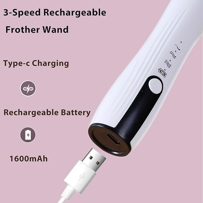 Milk Frother Handheld with Stand, Rechargeable Coffee Frother Wand with 2 Stainless Whisks 3 Speeds, Drink Mixer, Electric Foam Maker, Hand Mixer for Lattes, Cappuccino, Matcha, Egg, White