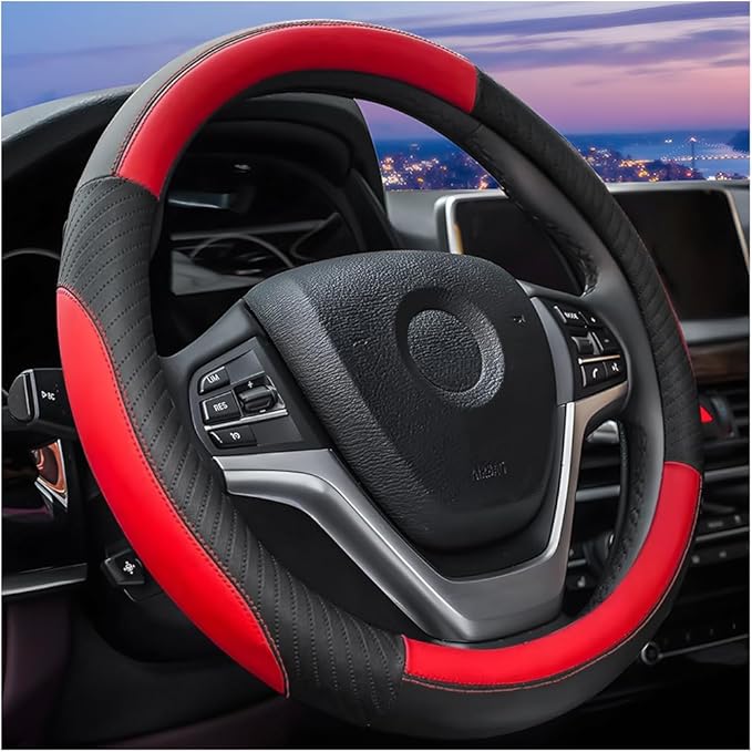 AUCELI Car Steering Wheel Cover, 14 1/2"-15" Leather Non-Slip Breathable Elastic Automotive Steering Wheel Protector, Sporty Car Accessories for Women Men, Universal for SUV, Truck, RV