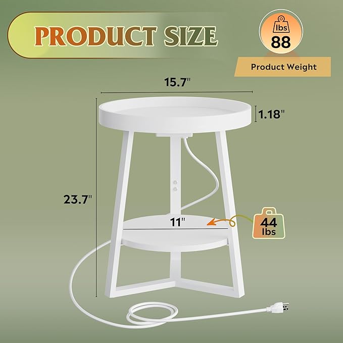 WLIVE Round End Table with Charging Station, Small Round Coffee Table, 2 Tier Side Table for Living Room/Bedroom, Sofa Couch, Wood Tabletop & Metal Frame, White
