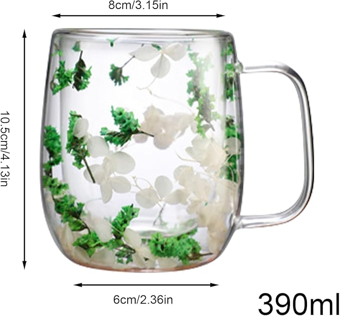 Dried Flowers Insulated Glass Double Wall Coffee Mug With Handle 250ml/390ml Transparent Double Glases Flower Tea Cup Latte Coffee Cup Borosilicate Glass Tea Mug