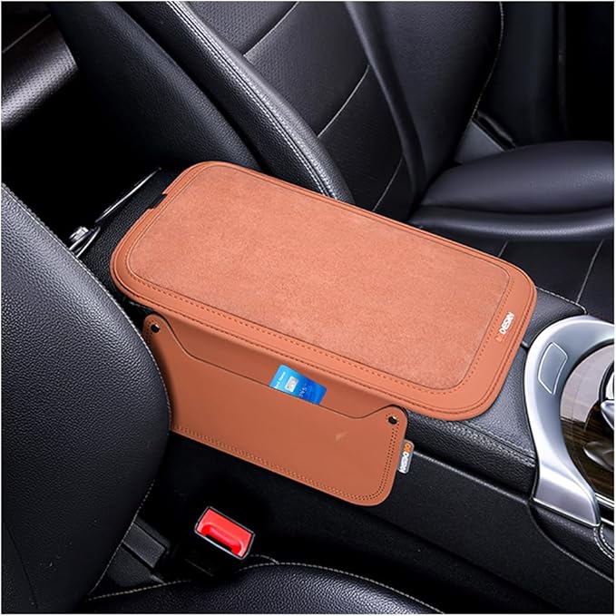 Car Center Console Cover, Leather Furry Fluffy Armrest Seat Box Cushion Pad with 2 Storage Bags, Comfortable Auto Interior Middle Console Protector, Compatible with Most Vehicle (Orange)