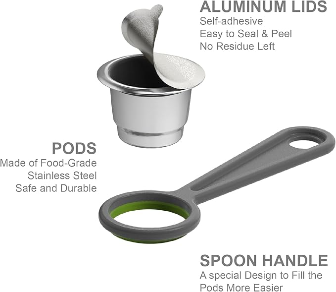 10pcs Reusable Capsules for Nespresso OriginalLine - Refillable Coffee Pods Stainless Steel Cups Compatible for Nespresso OriginalLine Machine (10pods+300Lids)