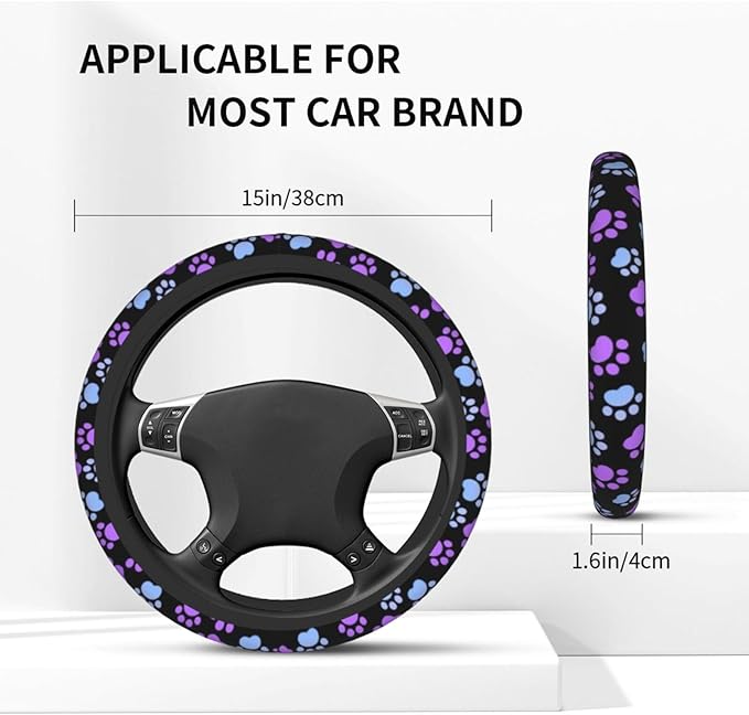 Paw Print Steering Wheel Cover for Women Men Girls Car Accessories Decor Anti-Slip Neoprene Auto Steering Wheel Covers Protector Universal 15 Inch