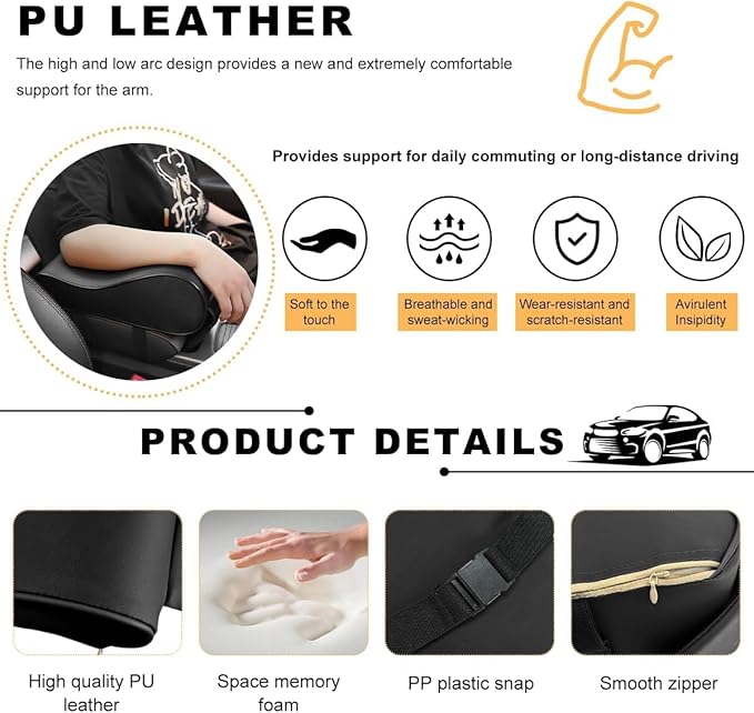 Car Center Console Cover Armrest Pad for Mazda CX 5 2017-2021, Memory Foam Armrests, Made of Leather, Soft and Breathable, with Side Pockets,Black