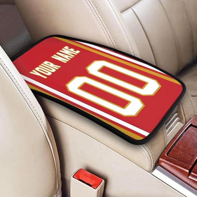 Custom Car Armrest Cover,Add Personalized Name and Number As Gifts for Loyal Football Fans,American Football Auto Center Console Pad Car handrail Box Cushion,Fit for Most Car Seat Box Cover Protector