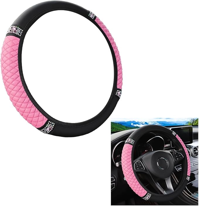 Bling Car Steering Wheel Cover, 15 Inch Crystal Rhinestone Elastic Stretch Leather Steering Wheel Protector, Vehicle Decor Accessories for Women Girls, Universal for RV, SUV, Truck (Pink)
