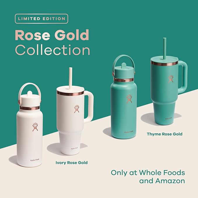 Hydro Flask Travel Tumbler with Handle, Lid and Straw - Insulated Stainless Steel in 40 Oz Thyme Green Rose Gold