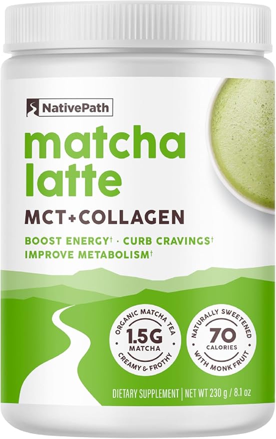 NativePath Matcha Latte Collagen Peptides with MCT Oil - 10g Grass-Fed Collagen & Organic Matcha for Energy & Focus - Keto, No Gluten or Dairy (8.1 oz)