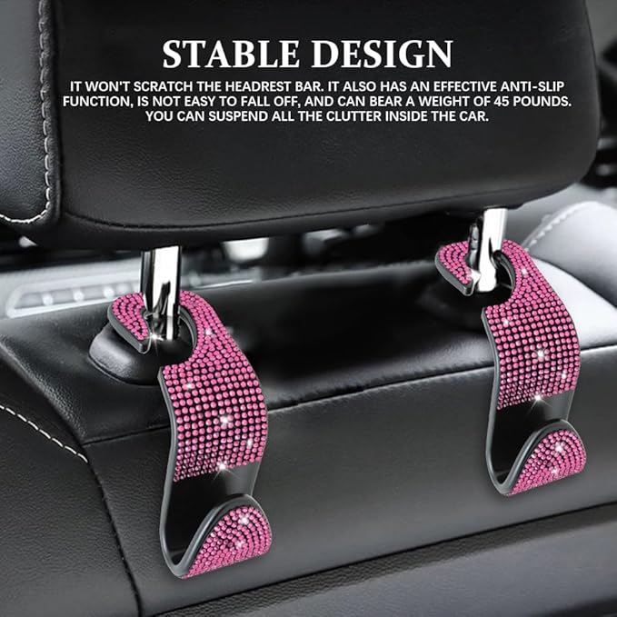 2PCS Car Seat Hooks, Purse Hook for Car, Crystal Rhinestone Vehicle Backseat Purse Holder, Auto Accessories Diamond Auto Seatback Storage Organizer Hanger for Handbag Clothes Purse (Pink)