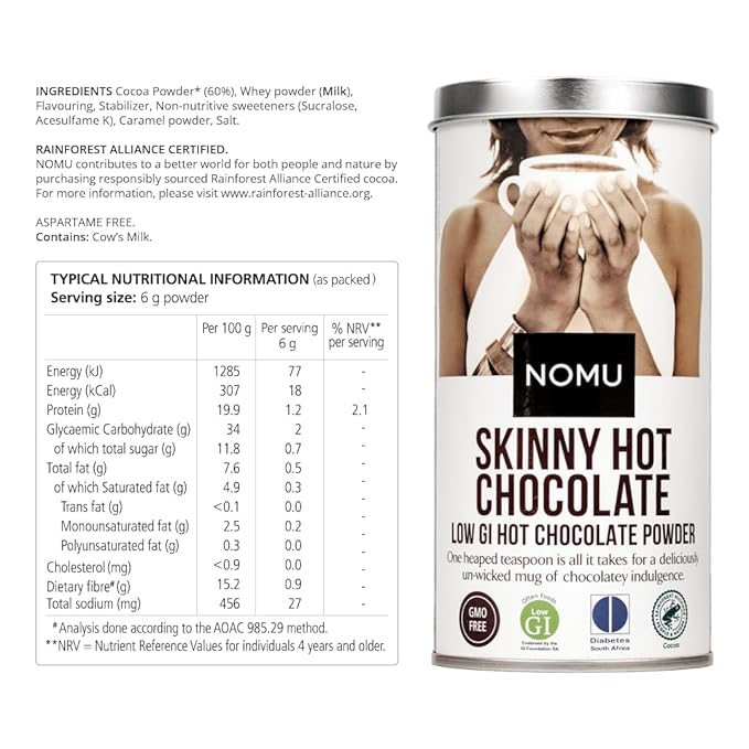 NOMU Skinny 60% Cocoa Hot Chocolate (33 servings) | 20 Calories only, Keto Diet Drink, Low GI, High Protein (Pack of 2)