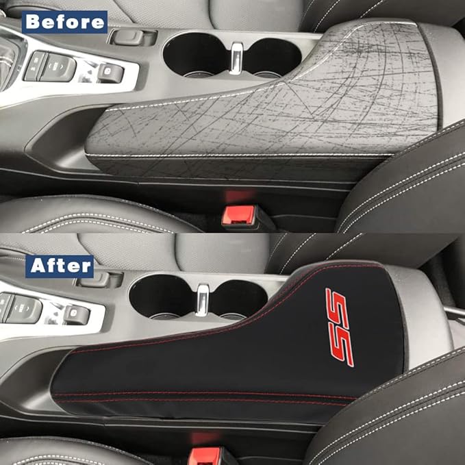 BOYOUS Armrest Cover Center Console Pad Full Protection Console Leather Arm Rest Interior Accessories Fit for Chevrolet Camaro 2016-2024-Red Stitches