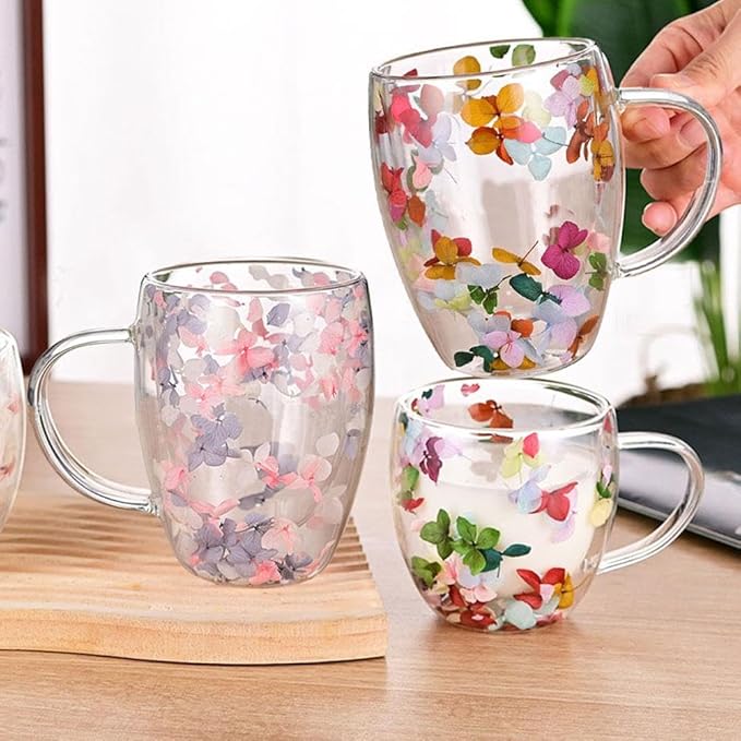 Dried Flowers Double Wall Clear Glass Coffee Mugs,Creative Clear Glass Cups with Handle, Double Insulated Glass Cup, 350ml Glass Coffee Cups