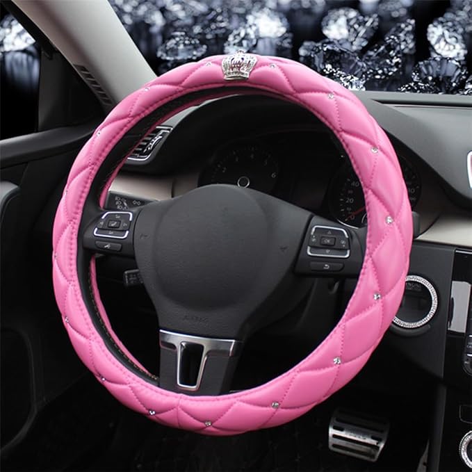 Colorful Universal 15Inch Car Steering Wheel Covers Women Leather Steering Cover Cute Steering Wheel Protector (Candy-Pink)