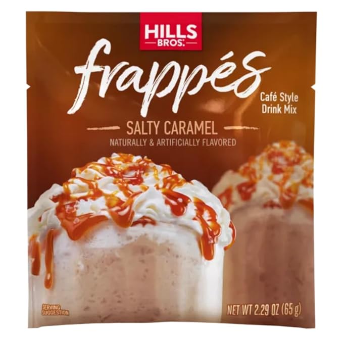 Hills Bros. Frappés Instant Drink Mix – Indulgent Café-Style Beverage – Gluten-Free, Kosher-Certified – Easy to Make Hot or Cold – Premium, Rich Taste, Gourmet Coffee Experience – Salted Caramel, 2.3 oz ( Pack of 12 )