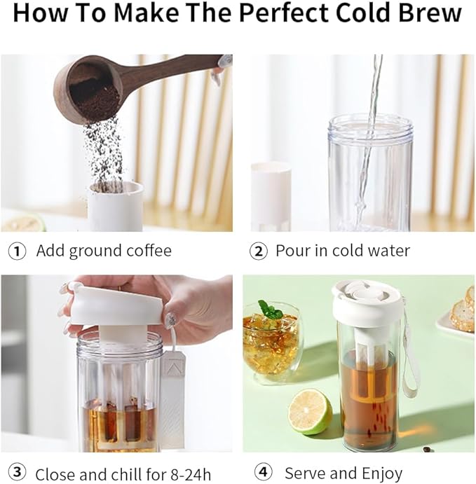 watchget Cold Brew Coffee Maker Travel Tumbler with Soft Silicone Handle Portable Iced Coffee & Tea Infuser with Airtight Lid Cold Brew Travel Cup 17oz/500ml White