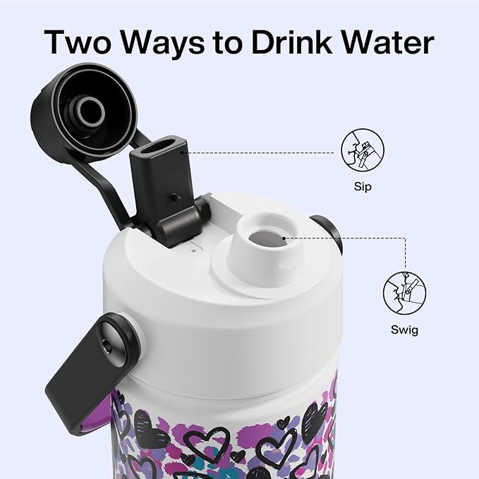 ENCOOL Insulated Water Bottle with Straw Stainless Steel Water Bottle, Glow in the Dark, Leak-Proof, BPA-Free, Keeps Cold for 24 Hours for Sports, Travel, School (26 oz, Graffiti Hearts)