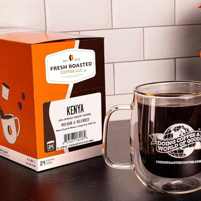 Fresh Roasted Coffee, Kenya AA, Med-Dark Roast, 24 Pods for K Cup Brewers