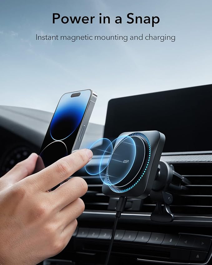 ESR for MagSafe Car Mount Charger with CryoBoost, Magnetic Wireless Car Charger, for MagSafe Car Charging, for iPhone 17e/17/16/15/14/13/12, S26/S25, Fast Phone Cooling Charging Set,36W QC 3.0 Adapter