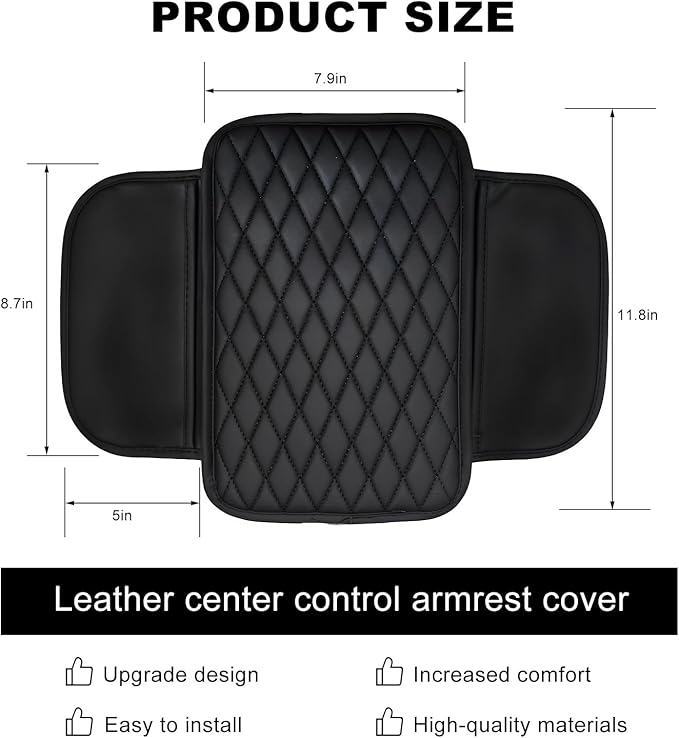 Car Center Console Cover, Waterproof Leather Arm Rest Cushion Pad with 2 Storage Bags, Anti-Scratch Armrest Seat Box Protector Interior Accessories for Most Vehicles (Black)