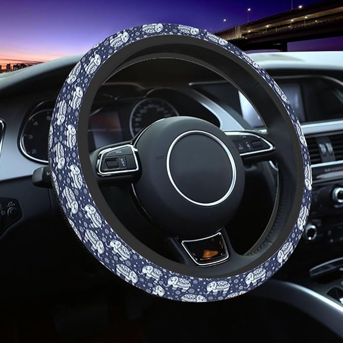 Elephant Car Steering Wheel Cover Ethnic Indian Background in Retro Colors Steering Wheel Cover Car Decor Suitable for Most Vehicles Including Trucks and SUV