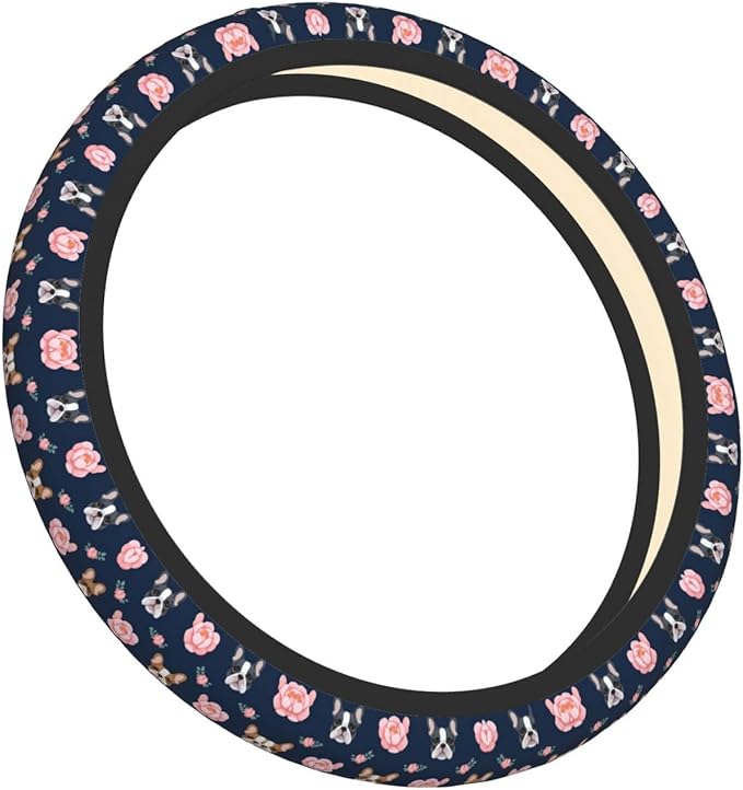 Neoprene Steering Wheel Cover French Bulldog Flowers Car Steering Wheel Cover Universal Fit for Most Cars