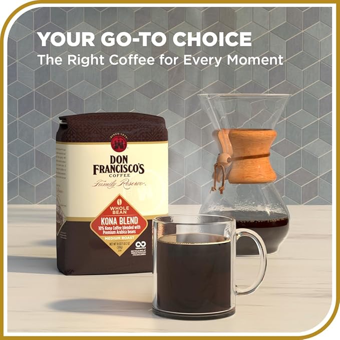 Don Francisco's Kona Blend Whole Bean Coffee, Medium Roast – 100% Arabica Coffee, 18 oz Bag