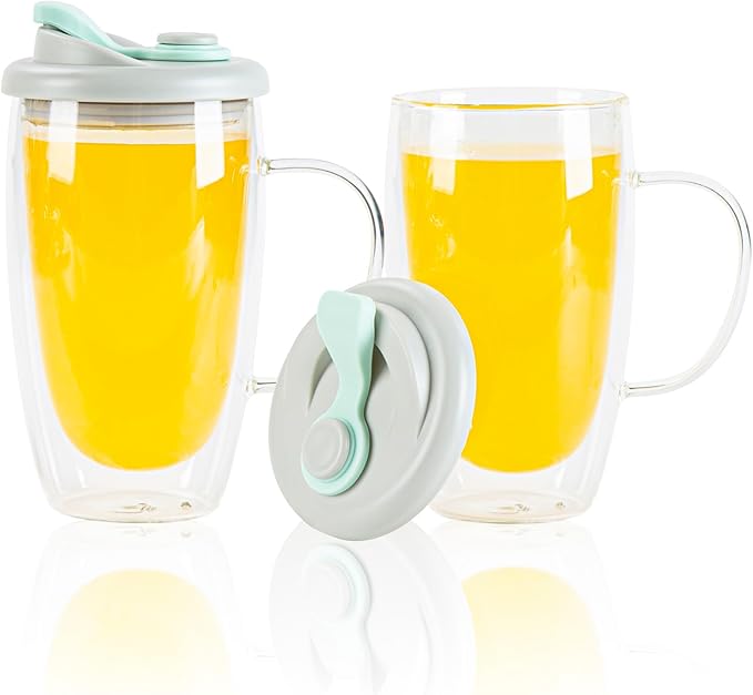 Restaurantware - Forma Professional 15.2 Ounce Insulated Travel Mugs With Handles, 10 Double Wall Coffee Mugs - Includes Lids, Reusable, Clear Borosilicate Glass Tumblers, Dishwashable, Microwavable