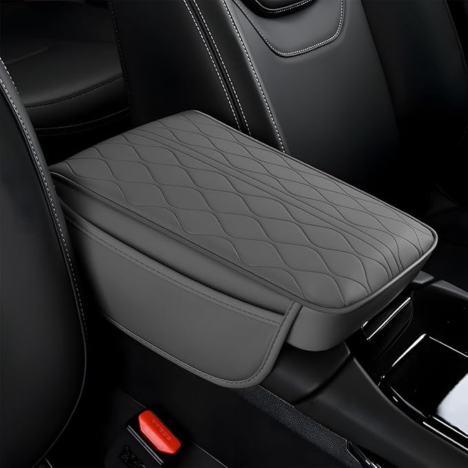 Car Center Console Cover, Leather Vehicle Arm Rest Protection Cushion with 2 Side Storage Bags, Auto Interior Armrest Storage Box Pad Accessories, Universal for SUV, Sedan, Truck (Gray)