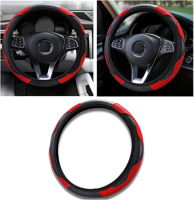Car Steering Wheel Cover, 15 inch Carbon Fiber Microfiber PU Leather Elastic Steering Wheel Protector for Unisex, Anti-Slip Breathable Car Interior Accessories for Most Cars (Red)