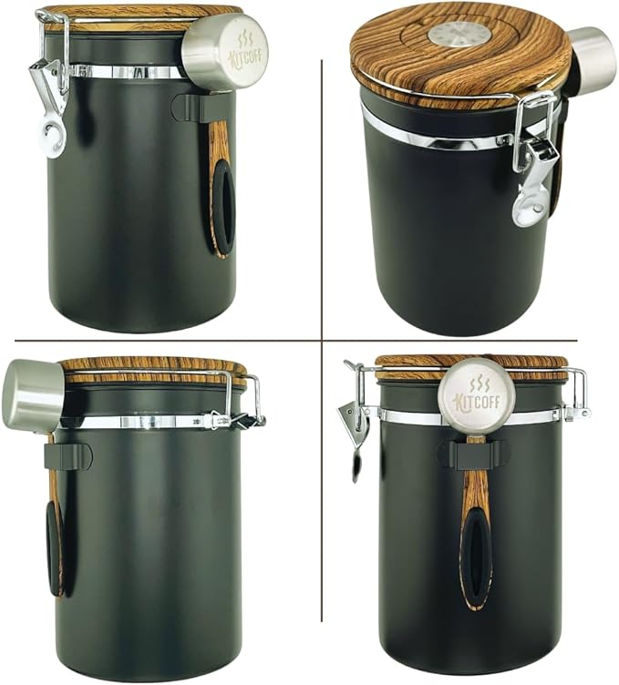 Coffee Grounds and Beans Container Canister with Date Tracker, CO2-Release Valve and Measuring Scoop - Made of Stainless Steel with Airtight Lids - Large, 22oz, Black w/Wood Print Lid