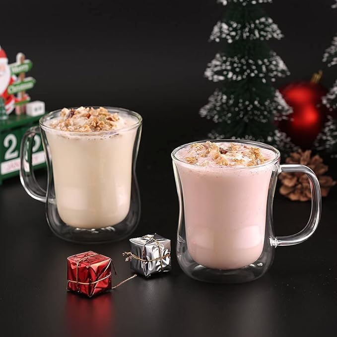 ecooe 12 oz Double Walled Glass Coffee Mug Latte Cappuccino Cups Set of 2, Clear Glass Coffee Cups with Handle, Insulated Coffee Cup Borosilicate Heat Resistant Double Wall Glass Coffee Mug Tea Cups