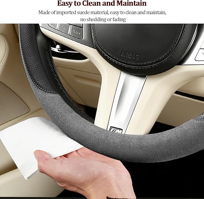 HZEL Car Steering Wheel Cover, Non-Slip Suede Leather Breathable Vehicle Steering Wheel Protector with Inner Ring, Automotive Interior Protective Accessories, Universal Fit (Light Silver Gray)