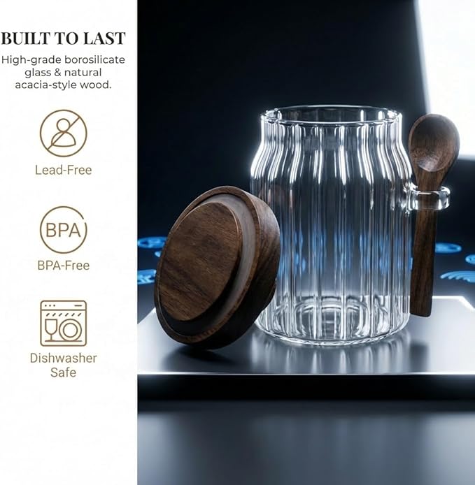 FUYIHGL® 3PCS Glass Storage Jars with Wooden Lids & Spoons – 20oz Airtight Canister Set with DIY Blank Labels – Decorative Small Containers for Coffee Bar, Bath Salts, Sugar, Spice & Overnight Oats