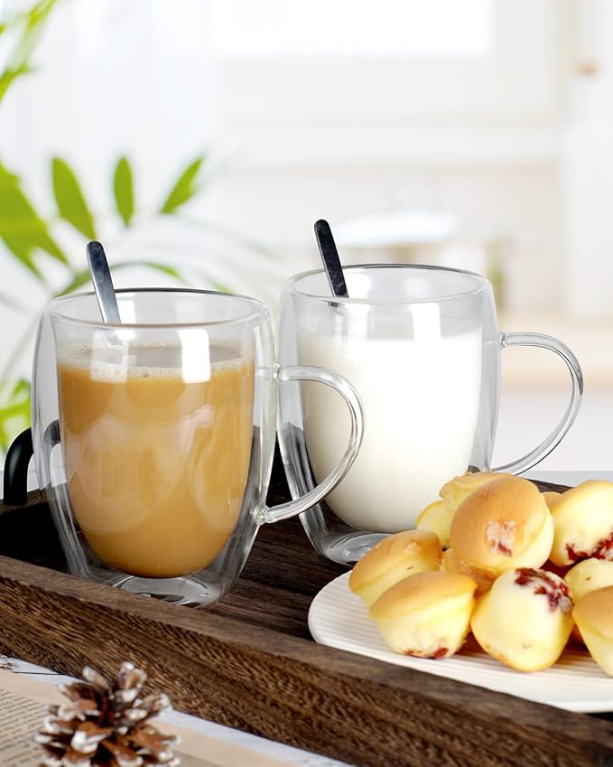 LIBWYS 12oz Double Walled Coffee Cups Glasses Mugs, Espresso Cappuccino Latte Tea Cups with Handle 350ml (2x350ml)
