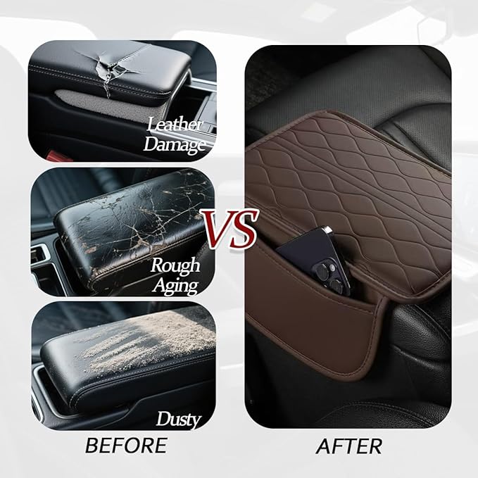 HZEL Car Center Console Cover, Scratch & Wear Resistant Soft Leather Vehicle Armrest Seat Box Cushion Pad with 2 Storage Bag, Waterproof Automotive Interior Protector, Universal Fit (Coffee)