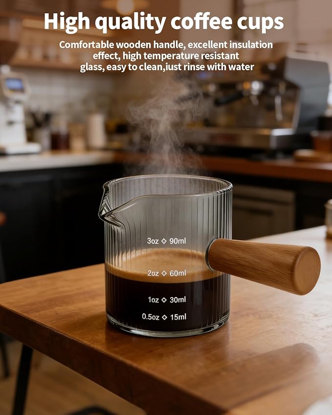Espresso Measuring Cup 3 Oz, Espresso Glass Cups with Wood Handle, Milk Frothing Cup, Espresso Cup for Coffee, Milk, Tea or Maple Syrup Serving (Gray, 3 oz)