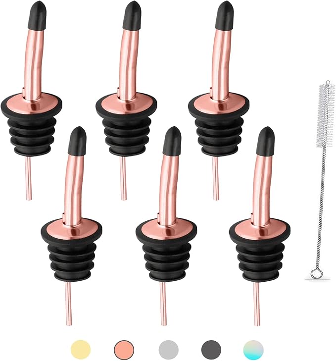 WAFJAMF 6 Pcs Liquor Pour Spouts Set, Stainless Steel Liquor Bottle Pourers with Rubber Dust Caps, for Pours Liquid, Olive Oil, Wine, Vinegar (Rose Gold)