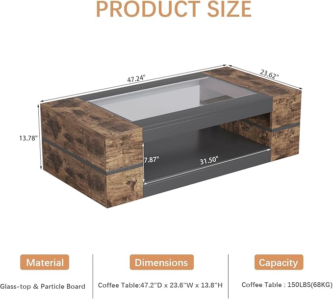 HedoAjim 47.2" Modern Stylish Coffee Table with Glass Table Top, Large Living Room Table Rectangular 2-Tier Center Tables with Storage, Wood Cocktail Tea Tables for Dining Reception Room (Rustic)