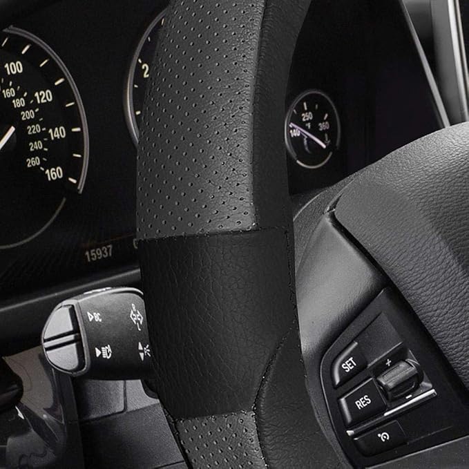 FH Group Universal Fit Deluxe Full Grain Authentic Leather Gray Black Steering Wheel Cover Fits Most Cars, SUVs