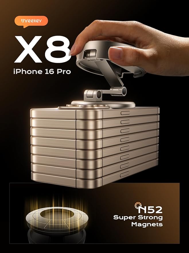 THREEKEY for MagSafe Car Phone Mount, Magnetic Phone Holder for Car with Metal Arm & 360°Rotation, Strong Magnets Car Phone Holder Mount for iPhone 16/15/14/13/12 Series & Galaxy S25 Ultra (Bronze)