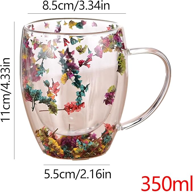 Camyu Artistic Glass Espresso Cup, 350ml Double Wall Insulated Glass Coffee Mugs, Anti-Scald Thick Expresso Coffee Cups With Dried Flowers For Hot Beverages