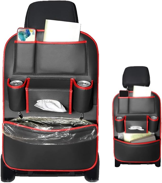 1PCS Car Backseat Organizer Seat Back Protectors Kick Mats, PU Leather Car Storage Organizer Hanging Bag with Car Tissue Holder Kids Toys Storage Car Accessories (Black Red)